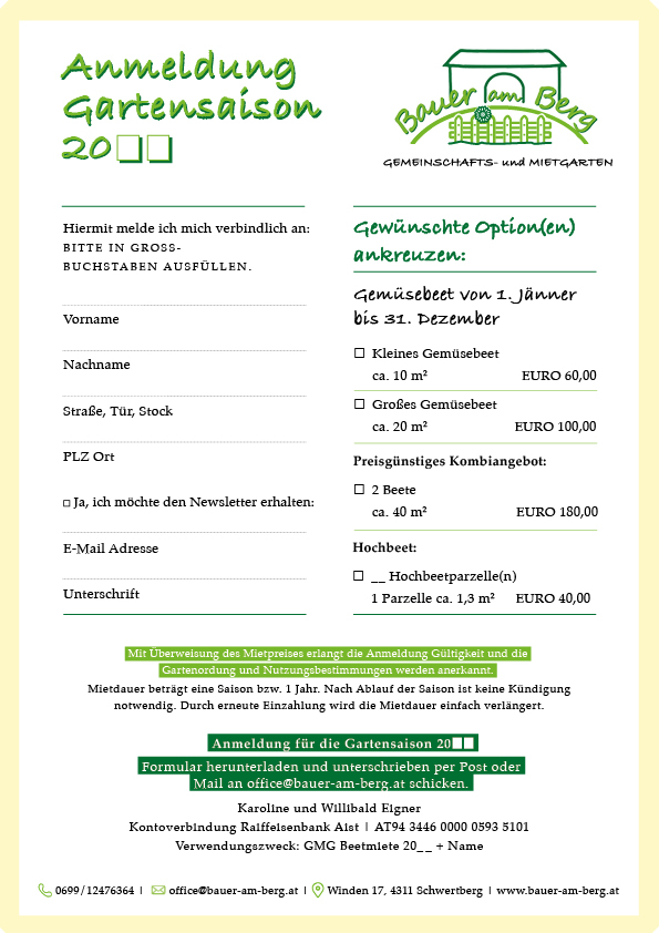 Anmeldung Formular für die Gartensaison